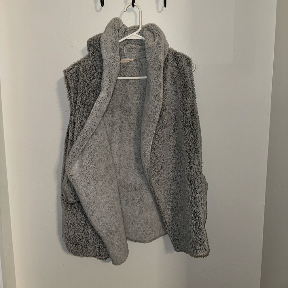 Soft surroundings grey plush faux fur hooded vest